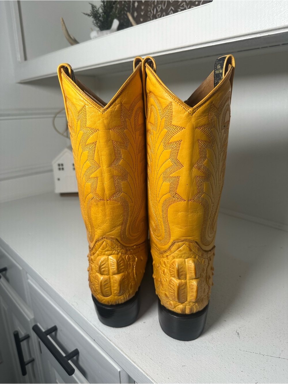Botas El Paisa Exotic Ostrich Leg Cowboy Boots Women’s 9 Men’s 7.5 Mustard - Picture 6 of 11